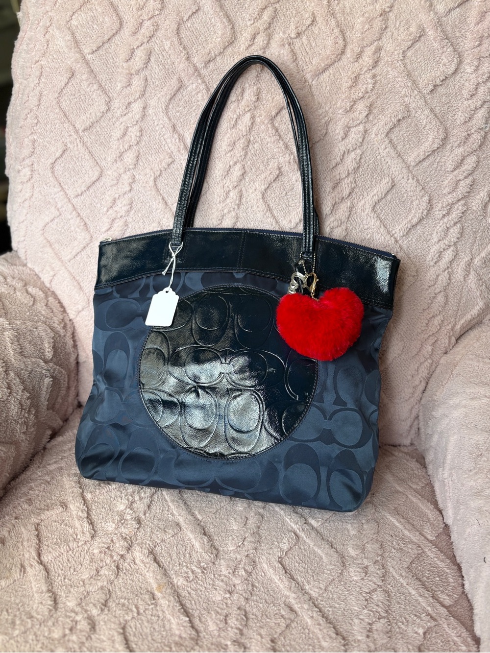 Coach Navy Patterned Tote with Red Heart Charm